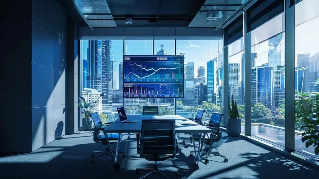 a sleek, modern office workspace features a large digital screen displaying dynamic cybersecurity data analytics, with stylish minimalist furniture and cityscape views in the background, emphasizing the urgency and sophistication of australia’s leading cyber security firms.