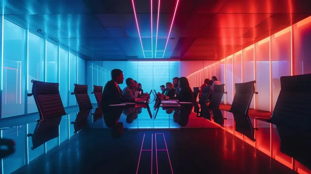 a dynamic conference room filled with engaged professionals collaborating at a sleek, modern table, illuminated by bright artificial lighting as they discuss innovative cyber security strategies that exemplify public-private partnerships in australia.