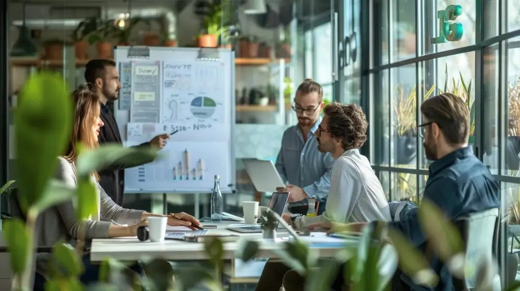 a dynamic office environment featuring a diverse team engaged in a collaborative discussion around a digital whiteboard, illustrating the integration of iso 27001 principles into everyday practices for fostering a security-aware culture.