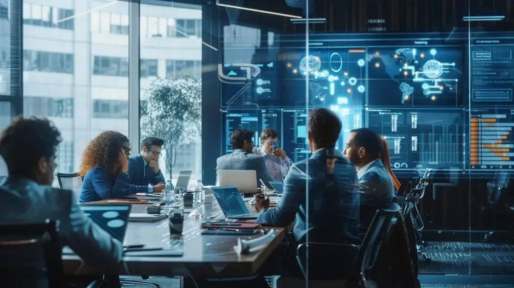 a dynamic office environment showcases a diverse team engaged in a collaborative meeting, surrounded by data charts and security frameworks, emphasizing the implementation of iso 27001 risk management processes.