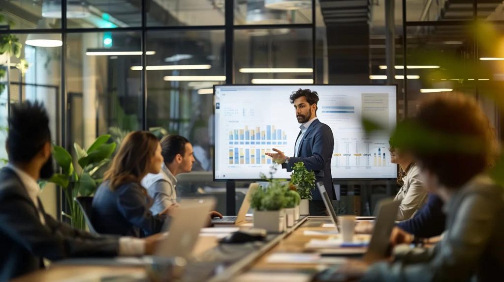 a dynamic office training session unfolds with a diverse group of professionals engaged in interactive discussions around a digital presentation on iso 27001, illuminated by bright, focused lighting that emphasizes their enthusiasm and collaborative spirit.