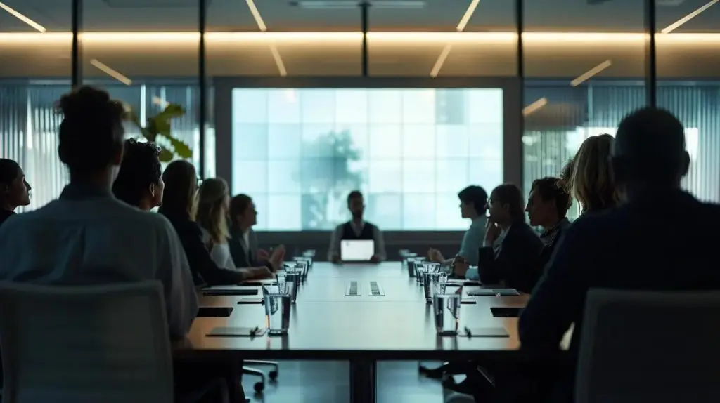 a dynamic training session unfolds in a modern corporate conference room, showcasing diverse team members engaged in discussions around tailored iso 27001 training materials, emphasizing collaboration and role-specific learning.