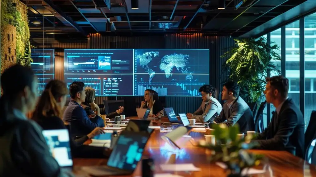 a dynamic urban workspace bustling with collaboration, showcasing diverse professionals discussing innovative cyber security strategies on digital screens, embodying australia's unique regional challenges and solutions.