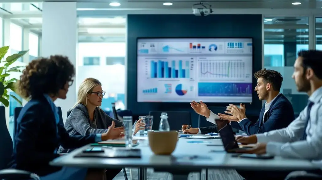 a focused business meeting in a modern conference room, showcasing diverse professionals engaging in a discussion around a digital presentation highlighting the revised iso 27001 documentation requirements.