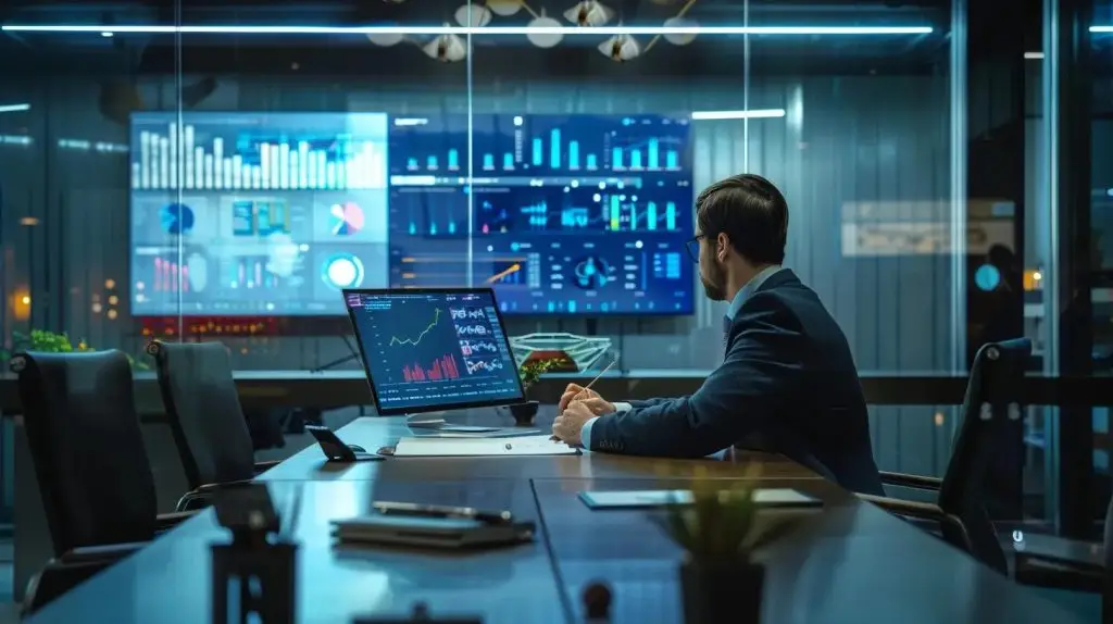 a focused business professional reviews market analysis reports on a sleek conference table, surrounded by high-tech gadgets in a modern meeting room designed for strategic negotiations in cyber security pricing.