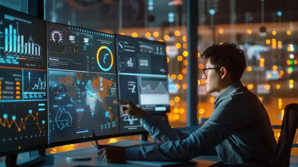 a focused office setting showcases a small business owner engaged in an animated discussion with a cybersecurity consultant, highlighted by a backdrop of sleek technology displays and data security visuals, emphasizing the importance of customized cybersecurity solutions.