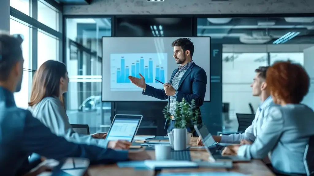 a focused team engaged in a dynamic training session in a modern office, surrounded by sleek technology and interactive presentation materials, emphasizing their commitment to mastering iso 27001 standards.