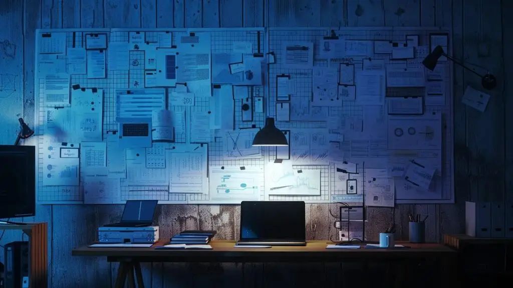 a focused workspace featuring a sleek modern desk with a high-tech laptop and open documents, surrounded by a backdrop of whiteboards filled with risk assessment diagrams and iso 27001 checklists, illuminated by bright overhead lighting for a professional atmosphere.