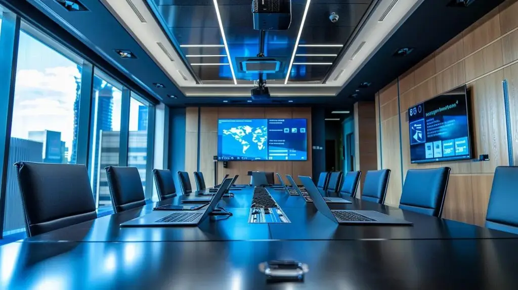 a modern office conference room, featuring a large table adorned with sleek laptops and digital screens displaying certification graphics, embodies a professional atmosphere of trust and confidence in iso 27001 compliance.