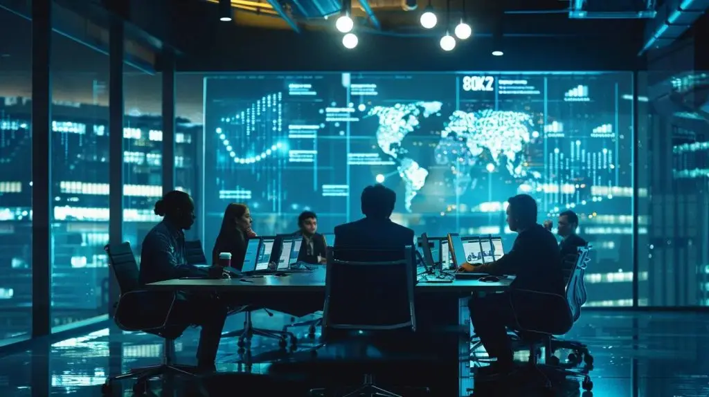 a modern office conference room filled with diverse professionals actively discussing a cybersecurity strategy, equipped with sleek technology and digital screens displaying data analytics, emphasizing teamwork in combating cyber threats.