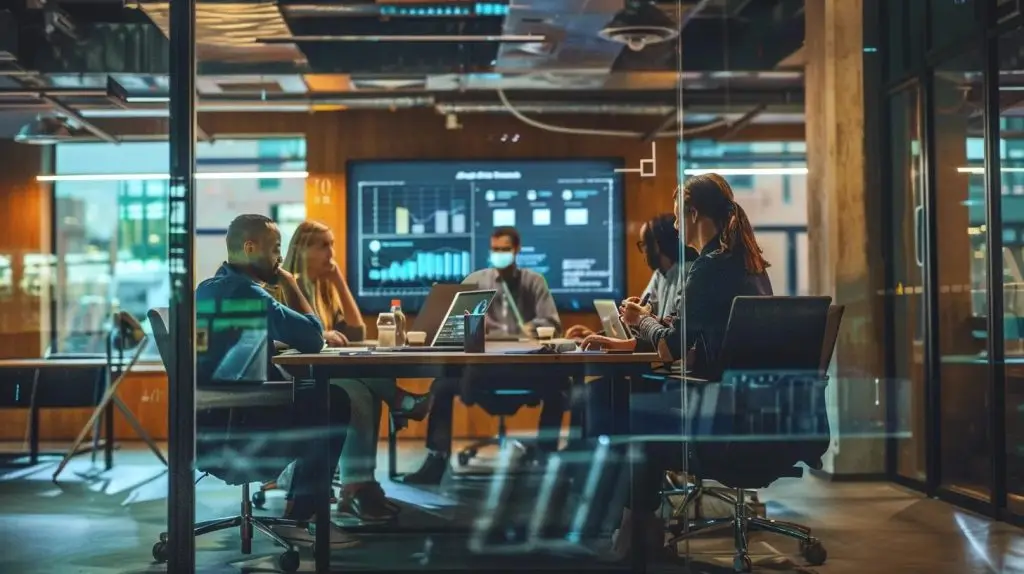 a modern office environment showcases a diverse team engaged in a dynamic strategy meeting, with digital displays illustrating iso 27001 frameworks and security protocols, emphasizing clarity in roles and responsibilities for enhanced organizational structure.