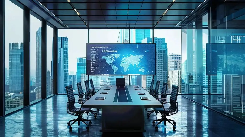 a modern office featuring a sleek conference room with a large digital screen displaying a cybersecurity framework, highlighting the importance of ongoing vciso support to maintain iso 27001 certification amidst a backdrop of city skyscrapers.