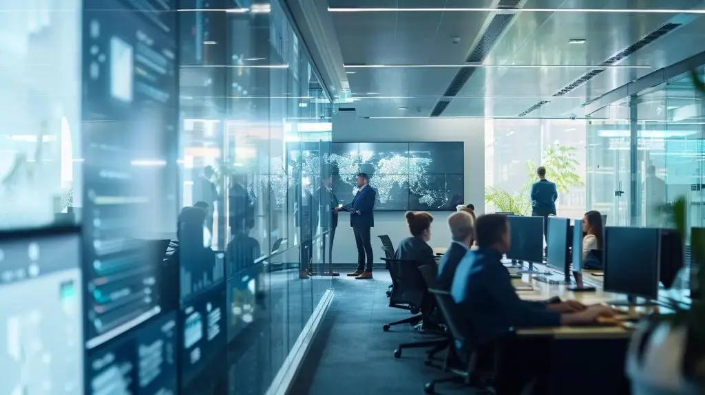a modern office space filled with sleek technology and digital displays, showcasing a focused team engaged in a strategic discussion about vciso services and iso 27001 frameworks.
