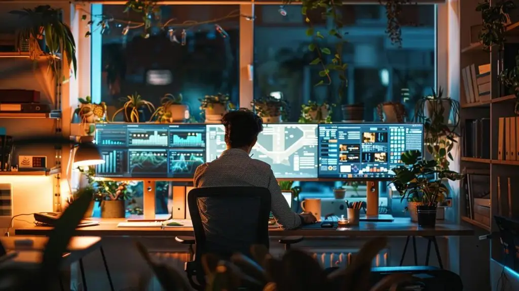 a modern office space in australia showcases a stressed small business owner reviewing complex cybersecurity data on multiple screens, with a backdrop of digital security visuals and alerts emphasizing the urgent threats of phishing and ransomware.