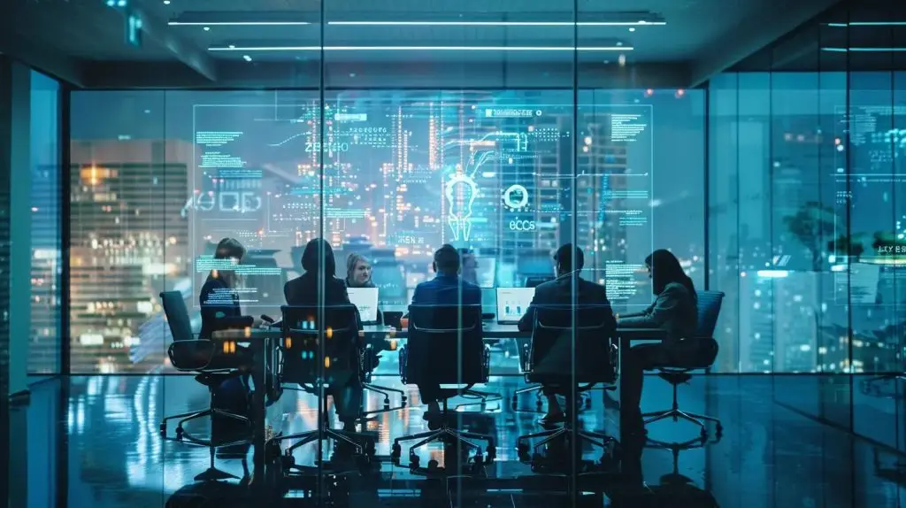 a modern office space featuring a focused business team engaged in a strategic discussion around a sleek conference table, with digital security diagrams projected on a large screen, symbolizing the impact of vciso services on achieving iso 27001 certification.