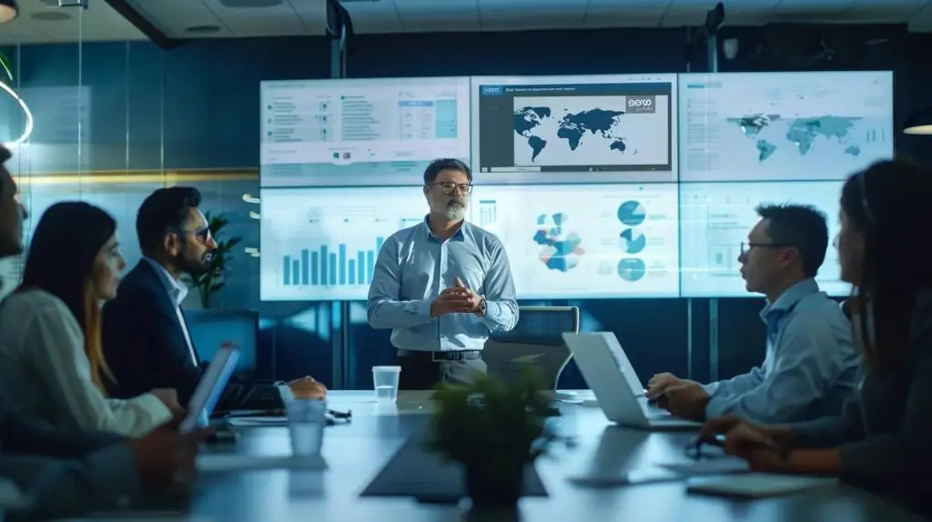 a professional office setting features a confident vciso consultant engaging with a diverse team around a sleek conference table, strategically discussing iso 27001 certification with digital displays showcasing cybersecurity data and frameworks.