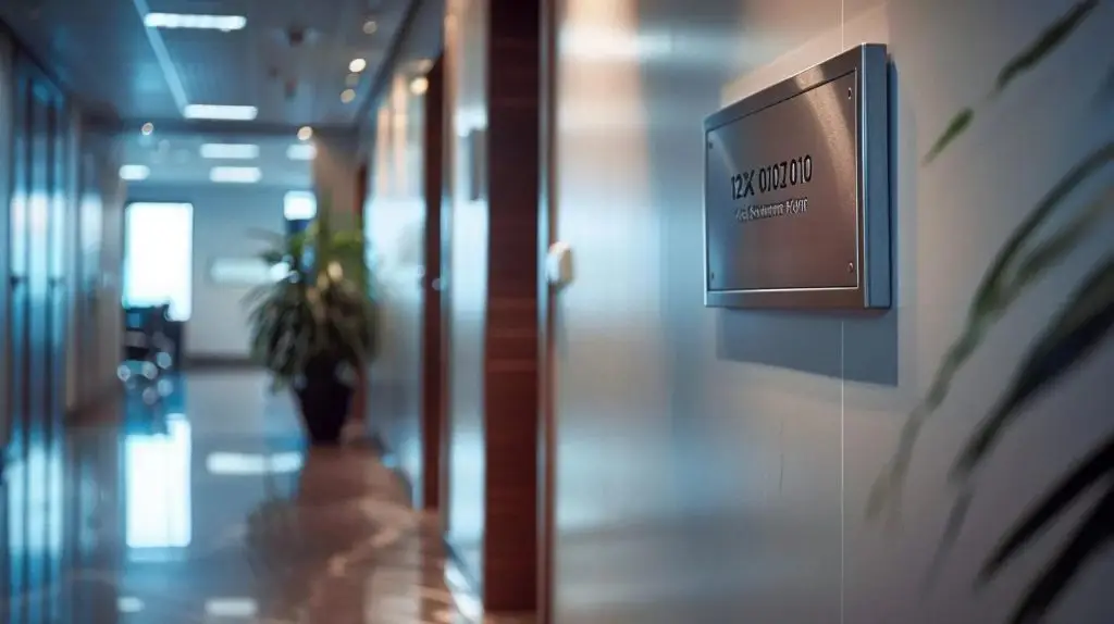 a sleek, contemporary office space features a prominently displayed iso 27001 certification plaque on a polished wall, symbolizing an organization's unwavering commitment to data security and fostering trust among clients and stakeholders through a modern, professional atmosphere.
