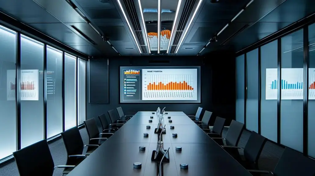 a sleek, modern conference room with a large digital display showcasing vibrant infographics that compare the key offerings of top australian cyber security providers, illuminated by dynamic ambient lighting to convey a sense of urgency and innovation.
