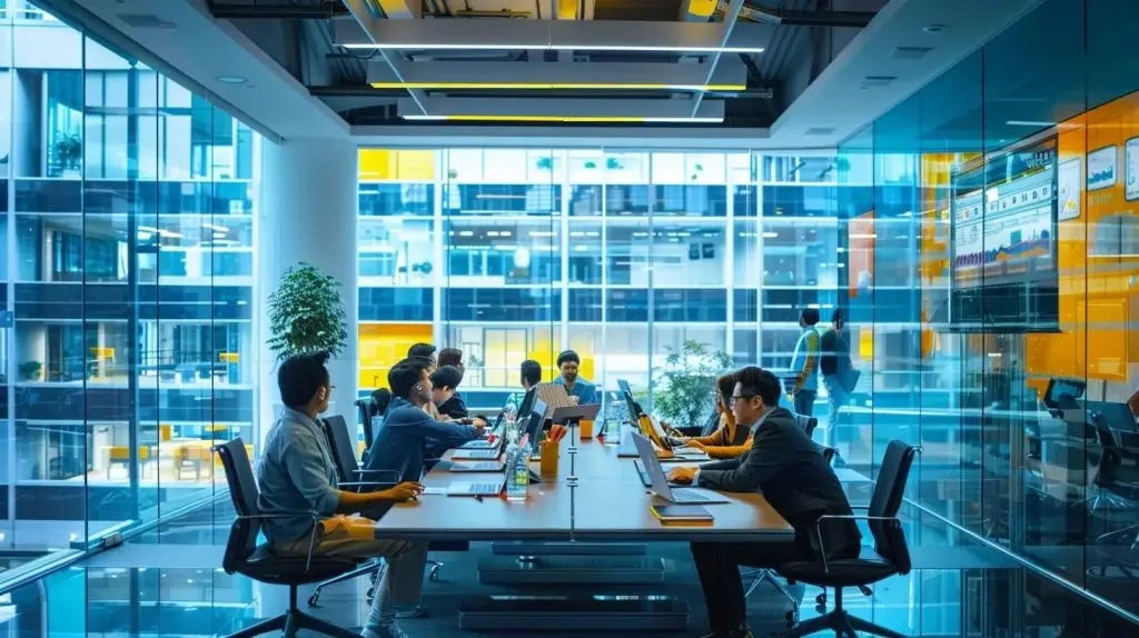 a sleek, modern office filled with professionals engaged in strategic discussions, surrounded by organized documentation highlighted on digital screens, illustrating the effective implementation of iso 27001 requirements for information security.