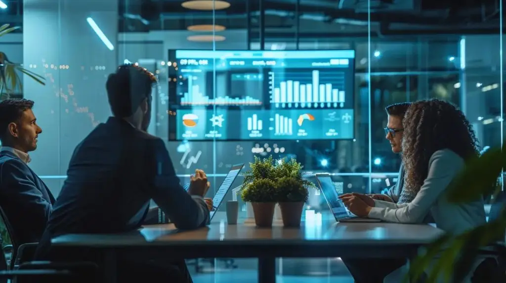 a sleek, modern office space showcases a diverse team engaged in a collaborative discussion around a digital display featuring graphs and metrics on cyber security investments and cost management strategies, illuminated by sharp, focused lighting that emphasizes the importance of proactive investments for effective risk mitigation.