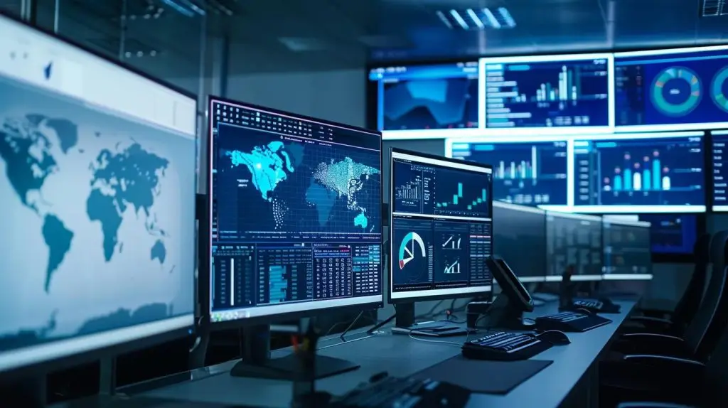 a sleek, modern office filled with high-tech computer monitors displaying complex graphs and figures, highlighting the intricate components of a cyber security pricing breakdown on a large screen.
