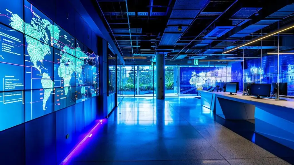 a sleek, modern office filled with high-tech cybersecurity monitors and digital maps, showcasing australia’s advanced initiatives against cyber threats, illuminated by cool blue and white lighting for a futuristic atmosphere.