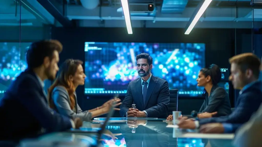 a sleek modern office conference room buzzes with energy as a confident virtual chief information security officer, projected on a large screen, engages a team of attentive professionals discussing the strategic advantages of iso 27001 compliance, illuminated by sharp overhead lighting that emphasizes their expressions.