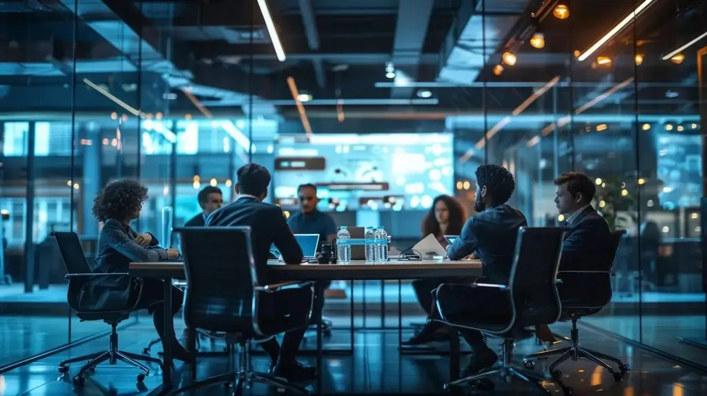 a sleek, modern office environment showcases a diverse group of professionals engaged in a dynamic discussion around a digital display presenting the key elements of iso 27001 certification, emphasizing innovation and security.
