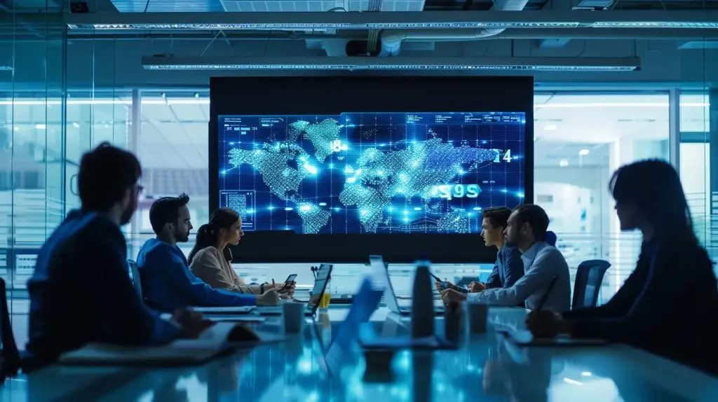 a sleek, modern office workspace filled with professionals engaged in discussions around a large digital display showcasing iso 27001 certification benefits, emphasizing cost savings and risk management strategies in a dynamic, high-tech environment.