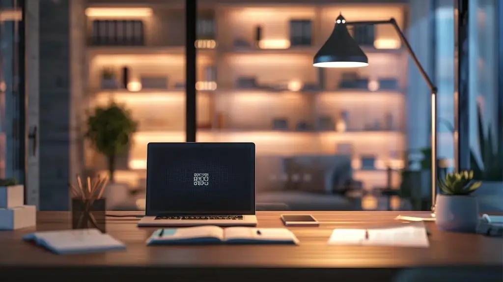 a sleek, modern office desk is adorned with meticulously organized documents and a laptop displaying the iso 27001 logo, illuminated by the soft glow of overhead lights, emphasizing the meticulous nature of compliance and success in information security management.