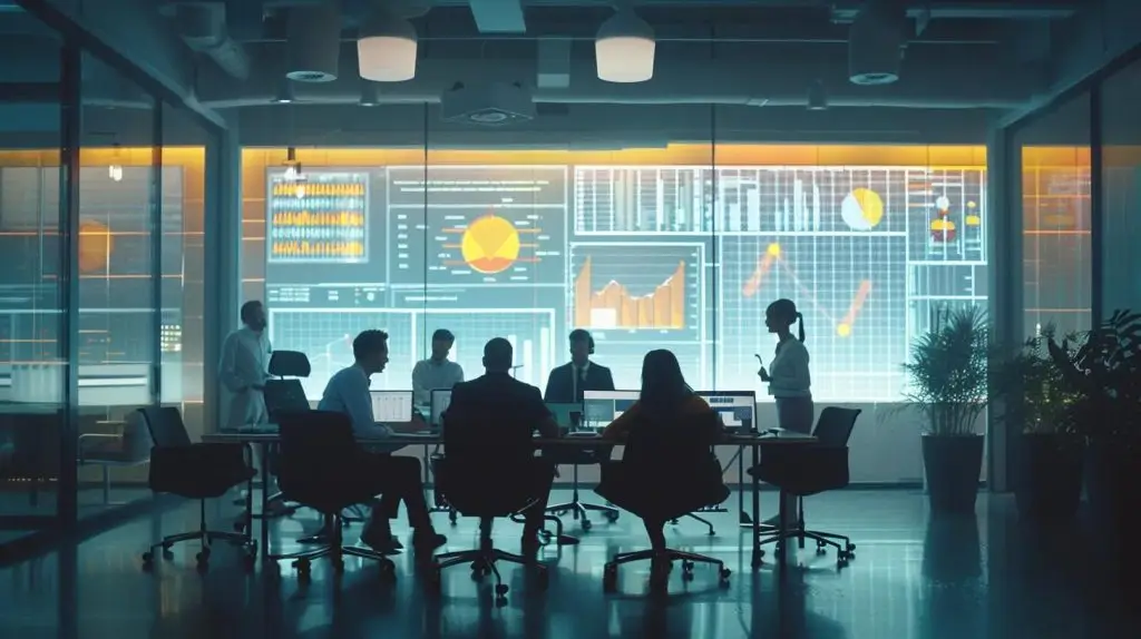 a sleek, modern office space showcases a group of professionals engaged in a dynamic brainstorming session, illuminated by bright overhead lights, with digital risk assessment charts projected on a screen, emphasizing the theme of enhancing iso 27001 methods.