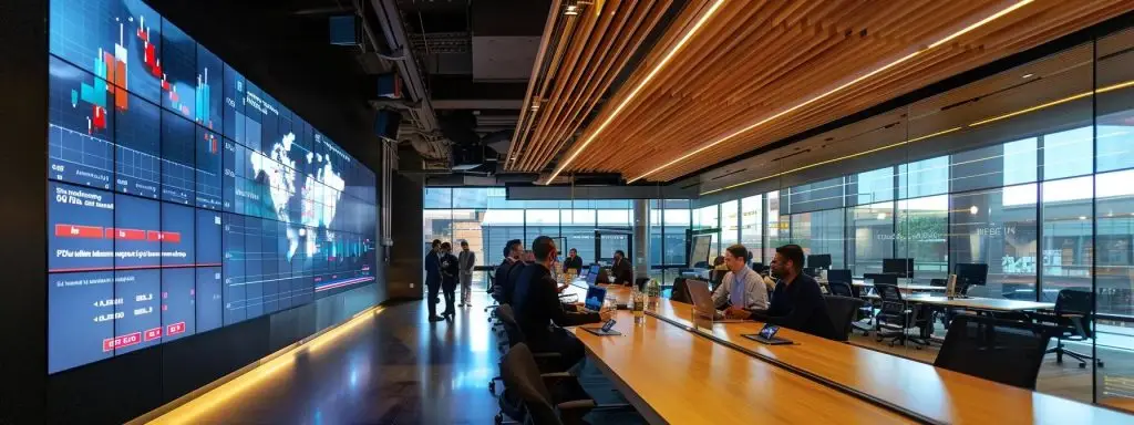 a sleek, modern office space showcases a high-tech conference room, illuminated by dynamic, overhead led lighting, featuring a large screen displaying vibrant data analytics and team members engaged in a strategic discussion.