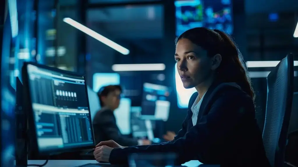 a sleek, modern office setting showcases a confident virtual chief information security officer engaged in a collaborative discussion with a diverse team of professionals, illuminated by strategic task lighting that emphasizes their focused expressions.