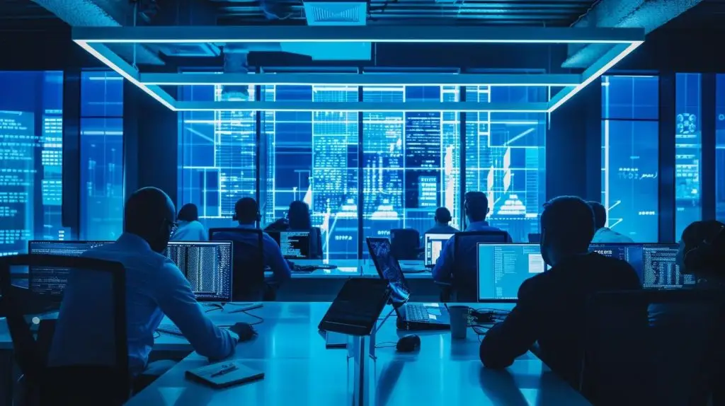 a sleek, modern office interior featuring a diverse team of cybersecurity professionals engaged in a dynamic strategy session, illuminated by cool blue and white lighting that highlights their state-of-the-art technology and digital security monitors.