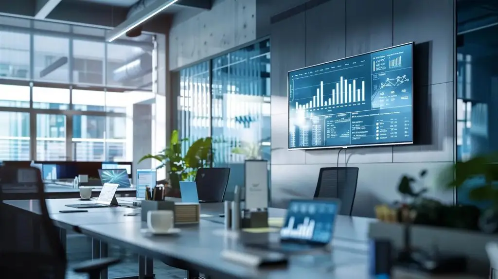a sleek, modern office workspace features a large digital screen displaying streamlined workflow charts, surrounded by neatly organized resources, embodying the theme of operational efficiency and cost optimization.