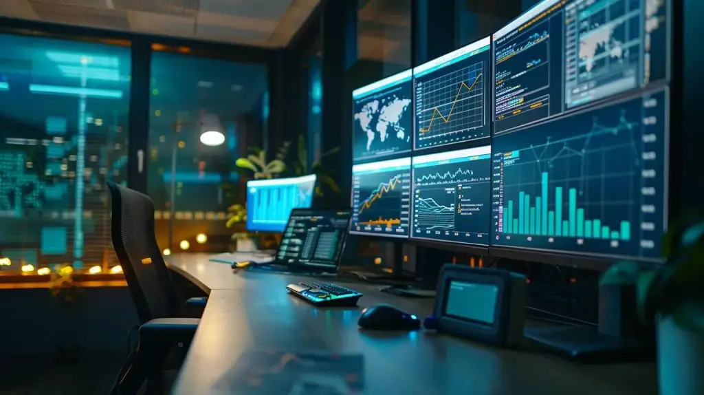 a sleek, modern office workspace with an advanced computer setup displaying cybersecurity analytics on multiple screens, illuminated by cool, ambient lighting to convey a high-tech atmosphere of vigilance and strategic planning in the realm of cybersecurity costs.