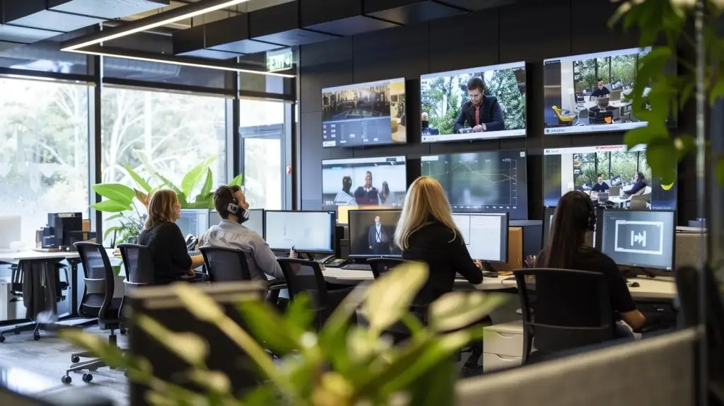 a sleek, modern office environment showcases a diverse team of professionals collaborating over digital security strategies on multiple screens, encapsulating the urgency and sophistication of essential cybersecurity services for australian small businesses.