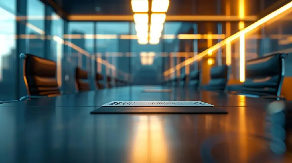 a visually striking office scene features an array of neatly organized iso 27001 documentation on a sleek conference table, illuminated by dramatic overhead lighting, emphasizing the importance of security compliance and structured governance.