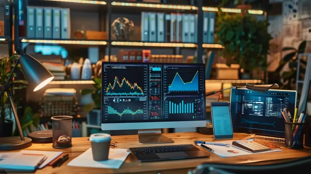 a well-organized office workspace features a sleek desktop with an open laptop displaying risk assessment charts, surrounded by professional documentation and brainstorming notes, all under soft, focused lighting that highlights the importance of effective risk management.